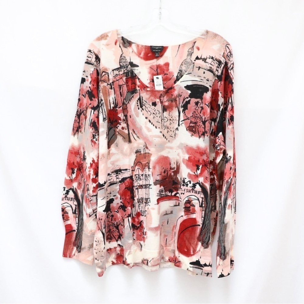 NWT Talbots Soft Merino V-neck Sweater Scenic Autumn City Square print warm 3X - Picture 2 of 10